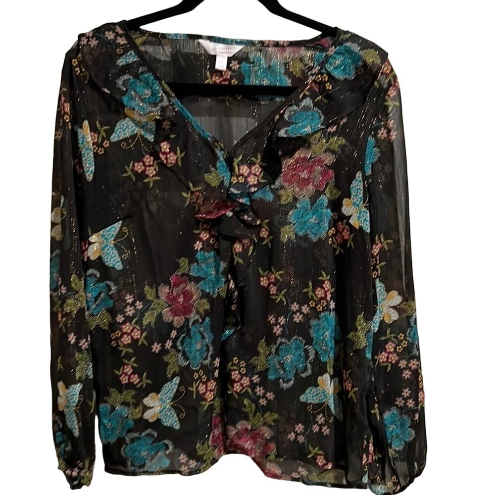 Lc  Sheer sparkle flower blouse with ruffles Long Sleeves Size Medium
